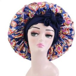 INF Bonnet de nuit en satin imprimé avec bandeau élastique réglable - Confort et protection pour vos cheveux Bleu marine