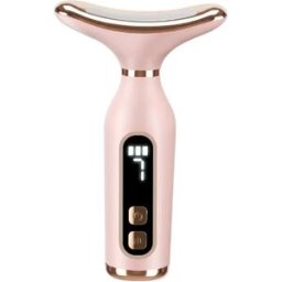 INF Appareil de massage visage et cou à LED 7 couleurs avec fonction chauffante et 7 modes de vibration, écran LCD, Rose