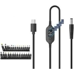 INF Câble USB-C vers DC 1m à affichage numérique, tension réglable, 28 embouts adaptateurs, Noir, PD3.1 140W (28V5A)