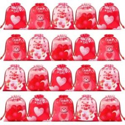 INF Sachet à cordon pour bonbons de Saint-Valentin - Lot de 20 - Sacs cadeaux en satin rouge avec cœurs