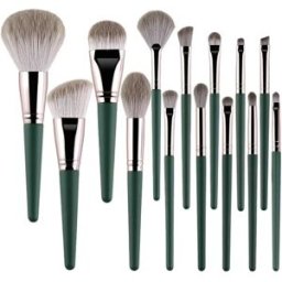 INF Ensemble de pinceaux maquillage 14 pièces Green Cloud – Poils synthétiques doux, kit visage complet avec manches en