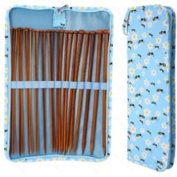 INF Jeu d'aiguilles à tricoter en bambou carbonisé 35cm à pointe simple avec mètre ruban et étui de rangement - 25pcs