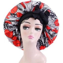INF Bonnet de nuit en satin imprimé avec bandeau élastique réglable - Confort et protection pour vos cheveux rouge+noir