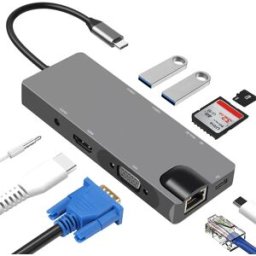 INF Hub USB-C 9-en-1 avec USB 3.0, HDMI, RJ45, lecteur de carte SD/TF, 100 W PD, VGA