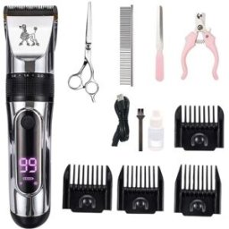 INF Tondeuse pour animaux avec set de ciseaux acier 4 pièces - Rechargeable, corps étanche, lame céramique, affichage LCD et