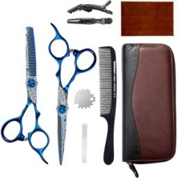 INF Ciseaux de coiffure professionnels 9CR13 en acier inoxydable - Ensemble 8 pièces ergonomique avec motif stylé Bleu