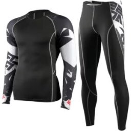 INF Ensemble Thermique Imprimé Noir (Manches Longues + Pantalon) - Sous-Vêtement Ajusté XL