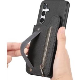 INF Étui en cuir PU noir compatible avec Samsung S25 Plus avec emplacements pour cartes et sangle élastique