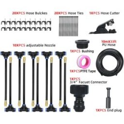 INF Kit de brumisation de jardin omnidirectionnel 10m avec clous - Tube PE flexible, buses réglables, arrosage goutte à goutte