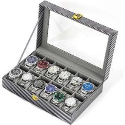 INF Boîte de Rangement pour Montres 12 Emplacements Compatible avec Montres, Bijoux et Bracelets, Boîte en MDF Argentée avec