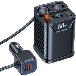 INF Chargeur voiture double port PD45W avec affichage de tension, câble rétractable 65cm et répartiteur 261W pour smartphones