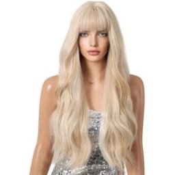 INF Perruque Longue Ondulée Blonde Platine avec Frange, Cheveux Synthétiques Résistants à la Chaleur pour Usage Quotidien et