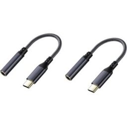 INF Adaptateur USB-C vers Jack 3,5 mm plaqué or, câble tressé en alliage d'aluminium avec télécommande intégrée – Lot de 2 Le noir
