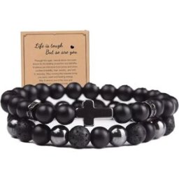 INF Ensemble de 2 Bracelets Hématite Mate et Pierre Volcanique Noire - Élastique, Micro-incrusté