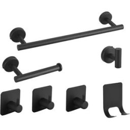INF Ensemble de 7 pièces d'accessoires de salle de bain en acier inoxydable sans perçage Le noir