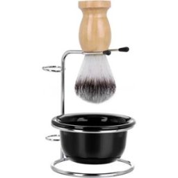 INF Ensemble de Brosse à Barbe 3 Pièces pour Homme avec Manche en Bois, Poils en Nylon, Support et Bol