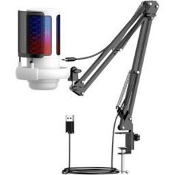 INF Microphone USB Gaming à capsule condensatrice, éclairage RGB, bras réglable, Plug-and-Play, rapport SNR≥75db Blanc