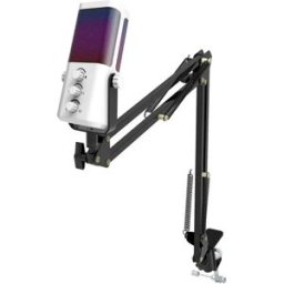 INF Microphone USB gaming avec bras articulé, éclairage RGB, Plug-and-Play pour PC et téléphone, monitoring 3,5mm, Blanc