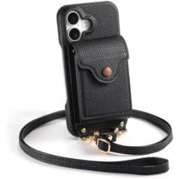 INF Étui en cuir PU noir avec miroir et bandoulière pour iPhone 14 Pro Max Modèle 10