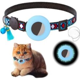 INF Collier pour animal avec pompon et clochette pour AirTag - Collier réglable en polyester compatible avec Apple AirTag Bleu