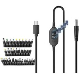 INF Câble USB-C vers DC réglable 1m avec écran numérique, 34 adaptateurs, PD3.1 140W (28V 5A), sortie DC5.5×2.5mm, Noir