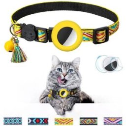 INF Collier pour animal avec pompon et clochette pour AirTag - Collier réglable en polyester compatible avec Apple AirTag Jaune