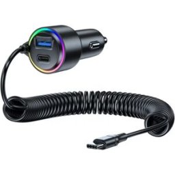 INF Chargeur de voiture - Double PD30W + QC3.0 18W, câble rétractable PD45W, USB-C et USB-A, éclairage LED d'ambiance