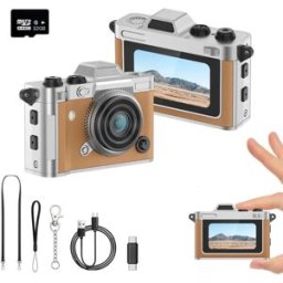 INF Mini caméra numérique avec sangle cou, bracelet poignet, chaîne métallique, USB OTG et carte TF 32GB - 1080P, objectif 5MP, Marron