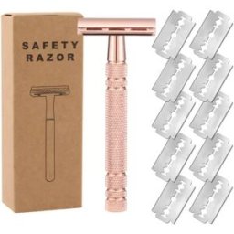 INF Rasoir de Sécurité Manuel à Double Tranchant avec 10 Lames - Acier Inoxydable Revêtu de Platine Or rose
