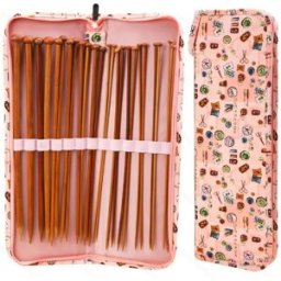 INF Ensemble d'aiguilles à tricoter en bambou carbonisé à pointe unique 25 pcs 35cm avec ruban à mesurer et étui motif couture