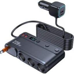 INF Chargeur de voiture 3 prises pour allume-cigare avec PD45W, QC3.0 18W, Double USB + Type-C, Câble rétractable, Voltmètre