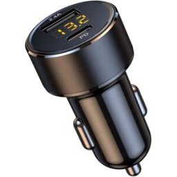 INF Chargeur voiture double USB avec USB-C 18W, voltmètre LED, 12-24V universel, compact noir