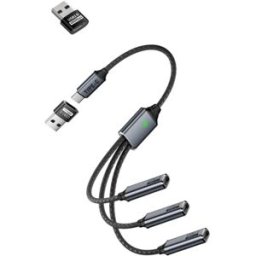 INF Câble adaptateur Type-C 3 ports - Boîtier alliage d'aluminium, câble tressé USB-C vers Type-C femelle + 2x USB-A, gris, 18cm