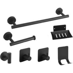 INF Ensemble de 7 pièces de support de salle de bain en acier inoxydable sans perçage Le noir