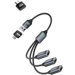 INF Câble séparateur USB 3-en-1 avec adaptateur USB-A vers Type-C - Aluminium tressé, multi-ports pour téléphone, tablette, PC