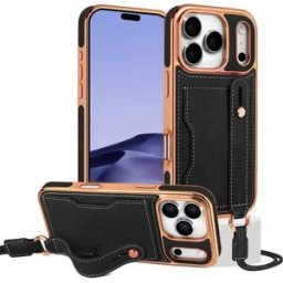 INF Coque Compatible avec iPhone 17 Pro Max Anti-choc avec Porte-cartes, Sangle Bandoulière, Poignet et Kickstand - PU+TPU