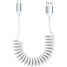 INF Câble rétractable à ressort USB-A vers USB-C 1.5m (rétracte 0.8m) Blanc – Câble CarPlay pour charge rapide et transfert