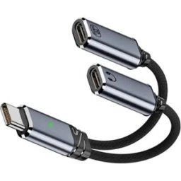 INF Adaptateur Type-C 2-en-1 charge et audio compatible avec Apple - Charge rapide PD 100W, Audio USB 2.0 480Mbp, câble tressé Gris