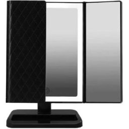 INF Miroir de maquillage LED à motif cuir, alimenté par USB/pile, miroir de courtoisie à trois volets Le noir