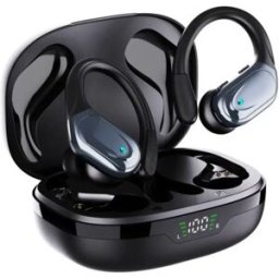 INF Écouteurs Bluetooth sans fil à crochet d'oreille avec réduction de bruit - Bluetooth 5.4, Driver titane 13mm, Affichage LED Le noir