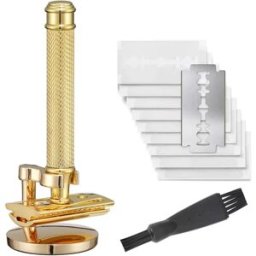 INF Rasoir de sécurité manuel en cuivre avec ondulation d'eau, support et ensemble de 10 lames Or