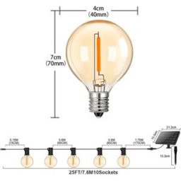 INF Guirlande LED télécommandée G40 couleur thé, solaire 12v 7.6m, 10+1 ampoules, panneau monocristallin 3000mAh, 6 modes,