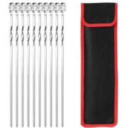 INF Brochettes barbecue plates torsadées antidérapantes en acier inoxydable 430 39cm – Lot de 10 avec sac de rangement en tissu