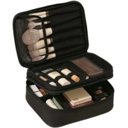 INF Trousse à maquillage à deux niveaux avec diviseur ajustable, tissu Oxford, bandes élastiques et fermeture éclair - Le noir