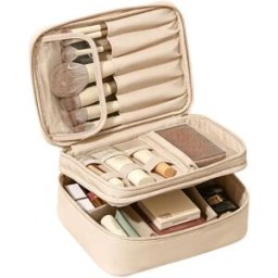 INF Trousse à maquillage à deux niveaux avec diviseur ajustable, tissu Oxford, bandes élastiques et fermeture éclair - Beige