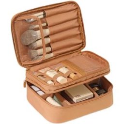 INF Trousse à maquillage à deux niveaux avec diviseur ajustable, tissu Oxford, bandes élastiques et fermeture éclair - Marron