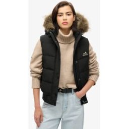 Superdry Femme Doudoune Sans Manches en Fausse Fourrure Everest Noir Taille: 36