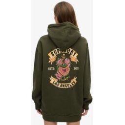 Superdry Femme Robe à Capuche Et Strass Effet Tatouage Kaki, Orange et Rose, Taille: 34-36 Taille: 34-36