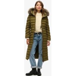 Superdry Femme Veste Longue à Capuche en Fausse Fourrure Fuji Vert Taille: 38