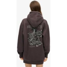Superdry Femme Robe à Capuche Avec Strass Effet Tatouage Noir Taille: 38-40